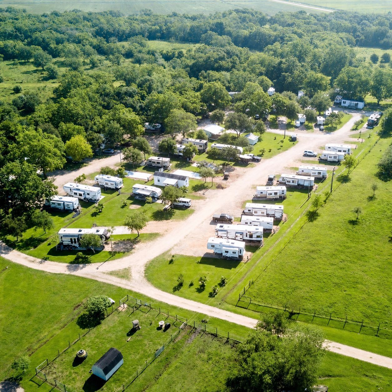 Aerial view of San Bernard River RV Park beside the river in Brazoria, Texas